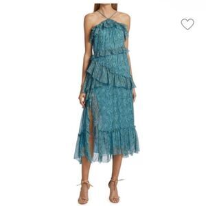 cinq a sept Teal Tiered Ruffled Halter High-Low Dress